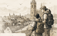 Two hikers looking out over a hillside town