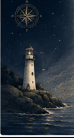 Illustrated lighthouse on a rocky coast at night, beneath a starry sky with a compass rose