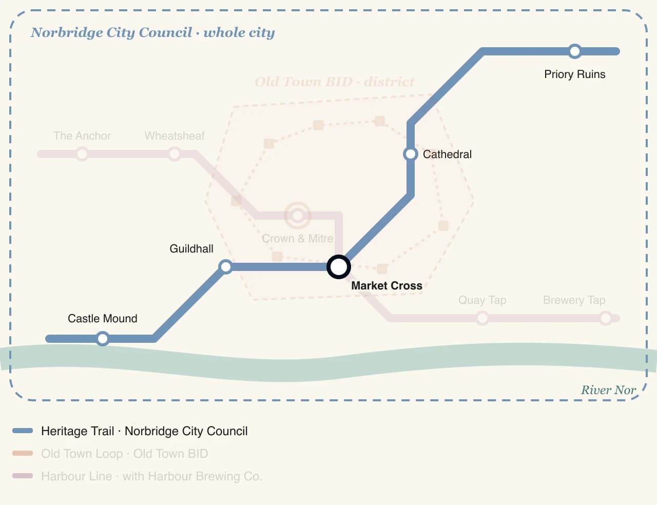 An example map of Norbridge with the council's heritage trail highlighted across the whole city.